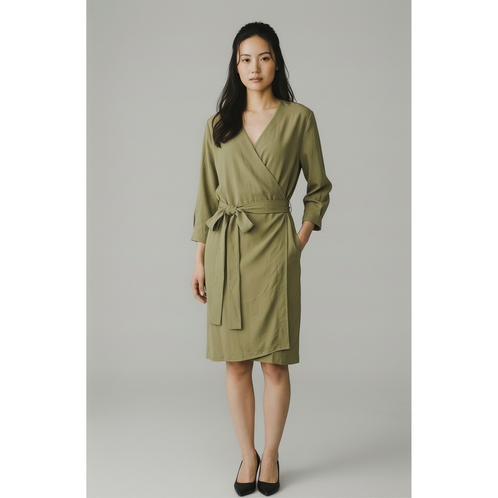 Everlane Japanese GoWeave Wrap Dress Olive Green 3/4 Sleeve Size 8
